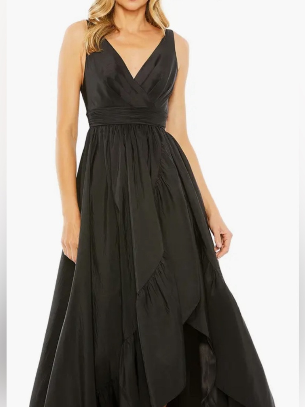 Mac Duggal Sleeveless Taffeta High-Low Ruffle Gown in Black Size: 12
